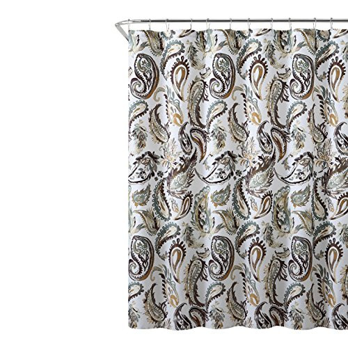 Decorative Brown Gold Green Fabric Shower Curtain: Watercolor Floral Paisley Design, 72" x 72" inch