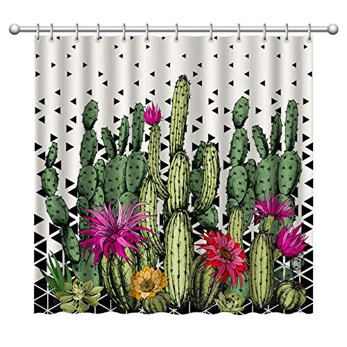 Cactus Shower Curtain Triangle Geometric Shower Curtains for Bathroom Blossom Plant Flowers Shower Curtain Waterproof Polyester Fabric Tropical Bathroom Curtain with Hooks ?72 inch?