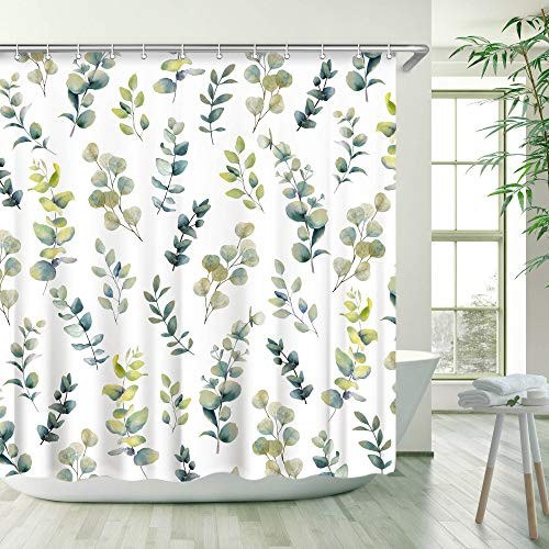 Stacy Fay Green Leaves Shower Curtain Eucalyptus Round Leaves Shower Curtains Set with 12 Hooks Waterproof Fabric Bathroom Curtain Decorative Watercolor Green Eucalyptus Round Leaves 72x72
