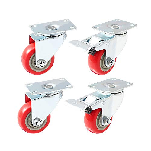 Online Best Service 4 Pack 3 inch Set Caster Wheels Swivel Plate Casters On Red Polyurethane Wheels  2 no Brake  and  2 with Brake