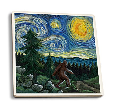 Lantern Press Northwest - Van Gogh Starry Night - Bigfoot  Set of 4 Ceramic Coasters - Cork-Backed Absorbent