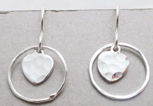 Petite Argentium Sterling Silver Hammered Hoop Heart Dangle Earrings 1 inch