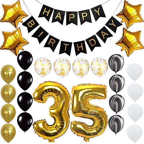 Happy 35th Birthday Banner Balloons Set for 35 Years Old Birthday Party Decoration Supplies Gold Black
