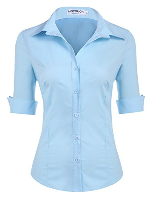 Hotouch Womens Summer Slim Fit Basic Button Up Shirt Short Sleeve Casual Button Down Blouse Shirt Blue XL Hotouch Womens Summer Slim Fit Basic Button Up Shirt Short Sleeve Casual Button Down Blouse Shirt Blue XL