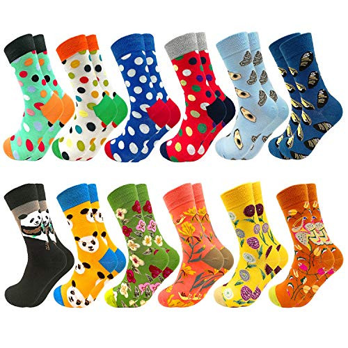 Fun Colorful Socks Combed Cotton Stockings Mid Calf Art Patterned Funky Happy Sock Packs 12 Pairs 1203n One-Size