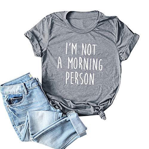 Vedolay Shirts for Women Fashion Round Neck Cute Letter Print Tee Shirt Funny Casual Short Sleeve T-Shirt Top Blouses  Gray Medium