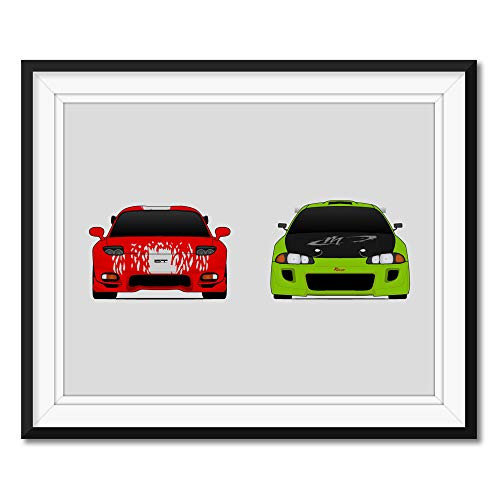 Mazda RX-7 and Mitsubishi Eclipse from the Fast and the Furious Race Inspired Poster Print Wall Art Decor Handmade Brian O Connor and Dominic Toretto