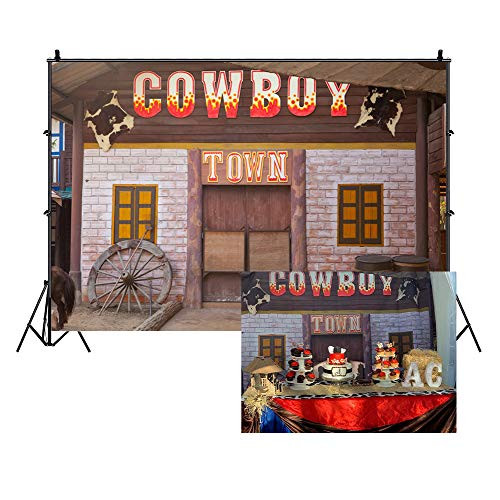 LFEEY 7x5ft Country Western Barn Backdrop for Parties Wild West Cowboy Farmhouse Tavern Wood Wheel Town Building Doorway Photography Background Theme Party Birthday Events Photo Studio Props