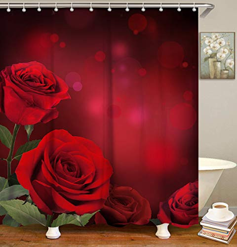 LIVILAN Red Rose Floral Shower Curtain for Bathroom Red Flowers Fabric Bathroom Curtains Set with Hooks for Shower Stalls Decorative Machine Washable 72x72 Inches