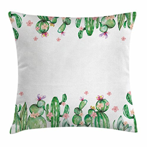 Ambesonne Cactus Throw Pillow Cushion Cover Mexico Style Romantic Tender Blossoms and Barren Heath Natural Vegetation Decorative Square Accent Pillow Case 20 inch X 20 inch Green Coral Lavender