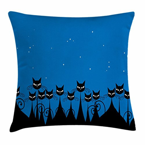 Ambesonne Night Throw Pillow Cushion Cover Graphic Crowd of Black Cats and Starry Sky on The Backdrop Decorative Square Accent Pillow Case 20 inch X 20 inch Blue Black White