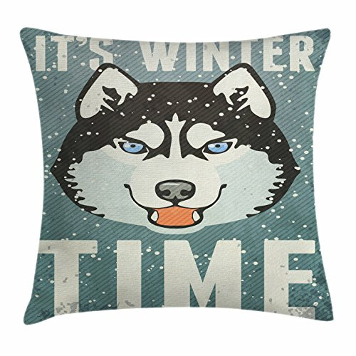 Ambesonne Alaskan Malamute Throw Pillow Cushion Cover It s Winter Time Retro Poster Dog Face Falling Snowflakes Decorative Square Accent Pillow Case 20 inch X 20 inch Slate Blue Black White