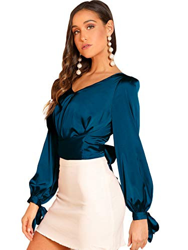 SheIn Women s Elegant V Neck Self Tie Knot Long Sleeve Satin Blouse Shirt Top Navy Medium