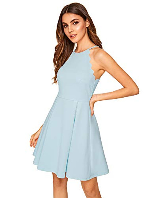 Romwe Women s Sweet Scallop Sleeveless Flared Swing Pleated A-line Skater Dress Light Blue S