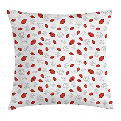 Ambesonne Ladybugs Throw Pillow Cushion Cover Abstract Flower Silhouettes Nature Illustration Children Cartoon Style Decorative Square Accent Pillow Case 20 inch X 20 inch Vermilion Black Grey