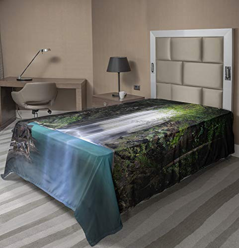 Lunarable Nature Flat Sheet Surreal Scene Deep Down in Rainforest with Waterfall Idyllic Image Soft Comfortable Top Sheet Decorative Bedding 1 Piece Twin Size Fern Green Turquoise