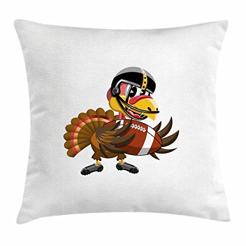 Ambesonne Turkey Throw Pillow Cushion Cover American Football Player Bird in Cartoon Style Funny Animal Character Sports Theme Decorative Square Accent Pillow Case 20 inch X 20 inch Multicolor