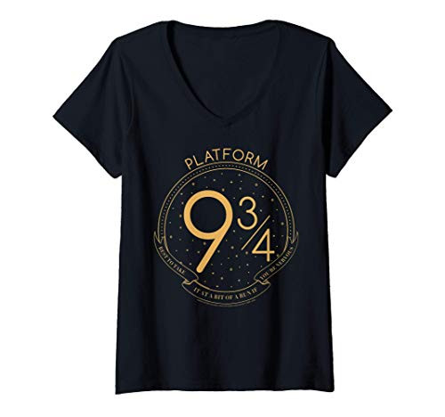 Womens Harry Potter Platform 9  and 3 4 Line Art V-Neck T-Shirt