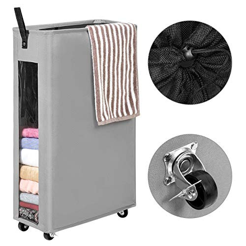 WOWLIVE 27 inches Slim Rolling Laundry Hamper with Wheels Tall Thin Laundry Basket with Clear Window Handy Collapsible Clothes Hamper Mesh Cover Rectangular Storage?Corner Bin  Grey1