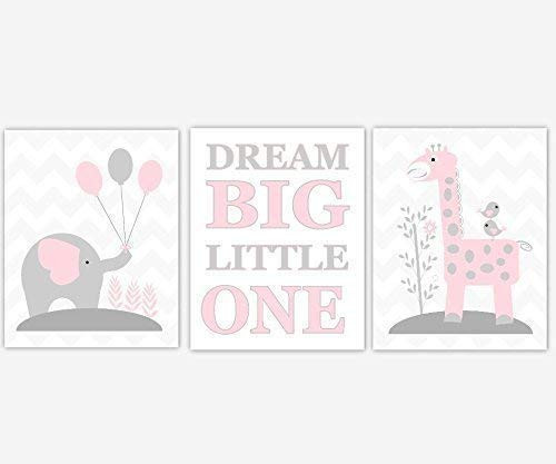 Baby Girl Nursery Wall Art Pink Gray Elephant Giraffe Safari Zoo Animals Dream Big Little One Decor 3 UNFRAMED PRINTS