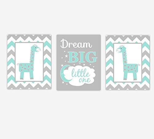 Baby Nursery Art Teal Green Giraffe Dream Big Safari Jungle Zoo Animals Baby Nursery Decor SET OF 3 UNFRAMED PRINTS
