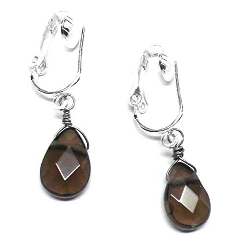 Smoky Quartz Briolette Clip-On Non-Pierced Earrings Silver-Tone