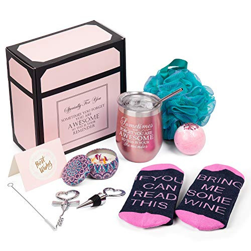 Wine Gifts for Women Wine Tumbler Christmas Birthday Gift for Wife Sister Girlfriend Friend Lover Wine Socks Bottle Opener Stopper Bath Bomb Loofah Sponge Scented Candle Greeting Card Rose Gold
