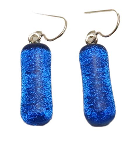 Long Bright Denim Blue Dichroic Glass Sterling Silver Dangle Earrings N307
