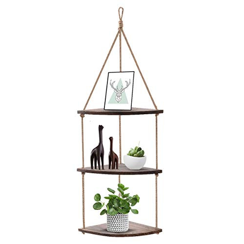 Z and L HOUSE 3 Tier Hanging Corner Wall Shelf  Distressed Brown Wood Jute Rope Floating Shelves Wooden Shelf Rustic Home Decor for Living Room Bedroom Bathroom Kitchen.