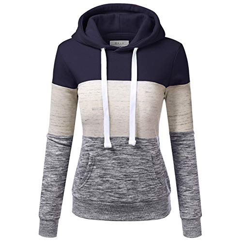 Fudule Hoodies for Women Casual Lightweight Drawstring Cowl Neck Color Block Long Sleeve Pullover Tops Sweatshirt Blue