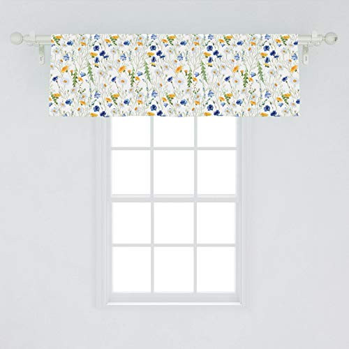 Ambesonne Flower Window Valance Wild Flowers Poppies and Daisies Rural Nature Scenery in Meadows Rustic Curtain Valance for Kitchen Bedroom Decor with Rod Pocket 54 inch X 18 inch Blue Yellow