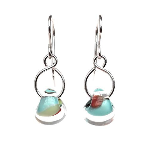 Aqua Glass Drop Earrings Swirled Sterling Silver