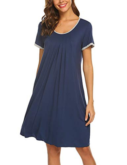 Ekouaer Nightdress Womens Cotton Sleepwear Short Nightgowns Knit Sleepshirts Navy Blue M