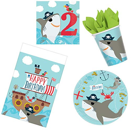 Ahoy Boy Second Birthday Supplies Bundle 50 Pieces   Pirate Themed 2nd Birthday Pack for 16 Guests   Includes Plates Napkins Cups Table Cover and Party Planning eBook  Basic ParteePak