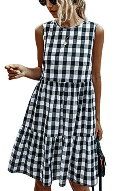 ECOWISH Women Dresses Plaid Sleeveless Summer Casual Sundress A Line Loose Swing T Shirt Mini Dress with Pockets Black Large ECOWISH Women Dresses Plaid Sleeveless Summer Casual Sundress A Line Loose Swing T Shirt Mini Dress with Pockets Black Large