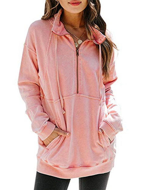 Womens Half Zip Up Sweatshirts Pocket Long Sleeve Casual Loose Pullovers Drawstring Hoodie Pink Womens Half Zip Up Sweatshirts Pocket Long Sleeve Casual Loose Pullovers Drawstring Hoodie Pink