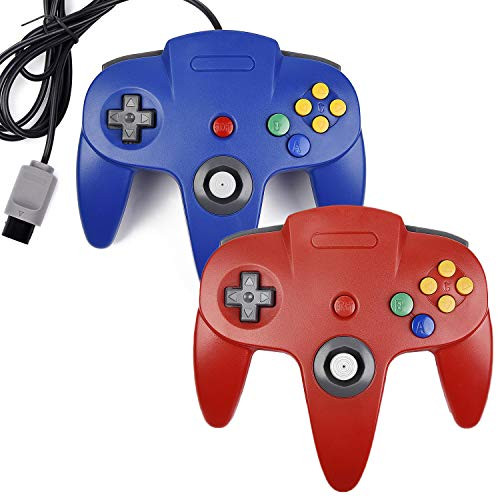 2xClassic N64 Controller kiwitatá Retro Wired Gaming Controller Upgrade Joystick Compatible N64 Console Video Games System Red plusBlue
