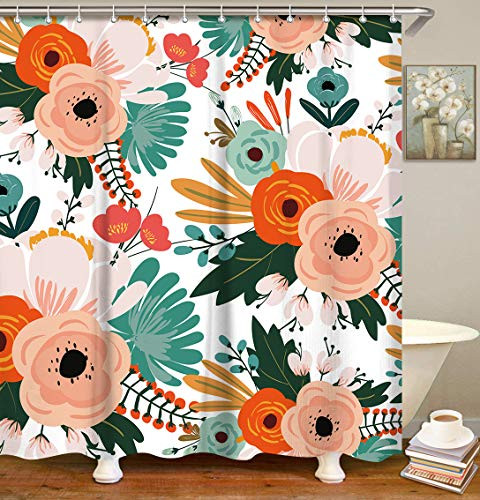 LIVILAN Floral Shower Curtain Colorful Flower Fabric Bath Curtain Set with Hooks Red and Pink Blossom Flowers Decorative Bathroom Curtains Machine Washable  72x72