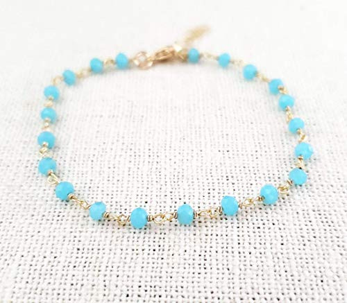 Blue Chalcedony Bracelet - Gemstone Jewelry - Wire Wrapped Rosary Chain - 14k Gold Filled - Gift for Her Blue Chalcedony Bracelet - Gemstone Jewelry - Wire Wrapped Rosary Chain - 14k Gold Filled - Gift for Her