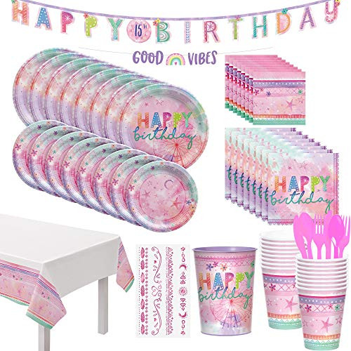 Party City Girl-Chella Tableware Kit for 8 Guests Party Supplies Includes Banner Table Cover Favor Cup