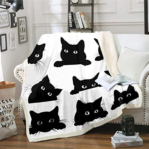 Feelyou Black Cat Blanket for Kids Boys Girls Pet Cats Pattern Duvet Cover Cute Kitten Print Throw Blanket 3D Animal Theme Sherpa Blanket for Couch Bed Sofa Plush Blankets Throw 50 inchx60 inch White