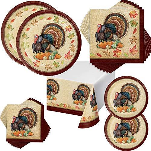 Harvest Turkey Thanksgiving Party Supplies Fall Plates Napkins  and  Table Cover Bundle for 16 Guests