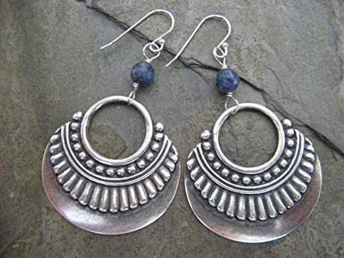 Blue Sodalite Gemstone Detailed Hoop Earrings Sterling Silver Wires Boho Artisan Jewelry Blue Sodalite Gemstone Detailed Hoop Earrings Sterling Silver Wires Boho Artisan Jewelry