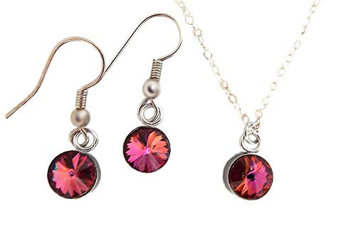 Hot Pink Rhinestone Necklace and Earring Set made with 7mm Swarovski Crystal Cathedral Flash Rivolis Hot Pink Rhinestone Necklace and Earring Set made with 7mm Swarovski Crystal Cathedral Flash Rivolis
