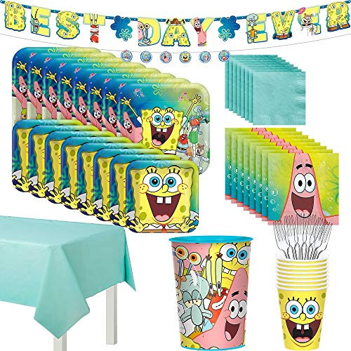 Party City SpongeBob SquarePants Tableware Kit Party Supplies Includes Tableware Table Covers and Banners 8 Guests