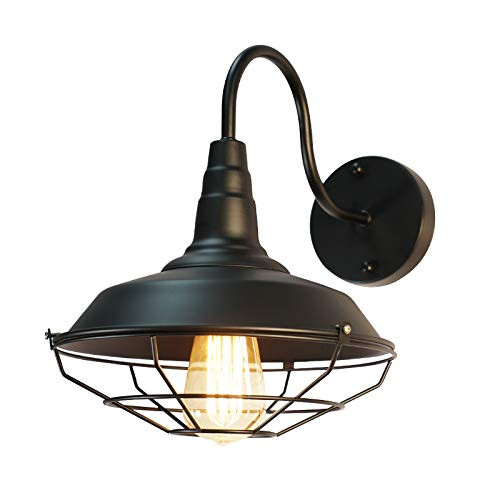 SaiPIS Farmhouse Wall Sconce Light Gooseneck Barn Lighting Fixture with Wire Cage Industrial Vintage Porch Wall Lamp Black 1-Pack