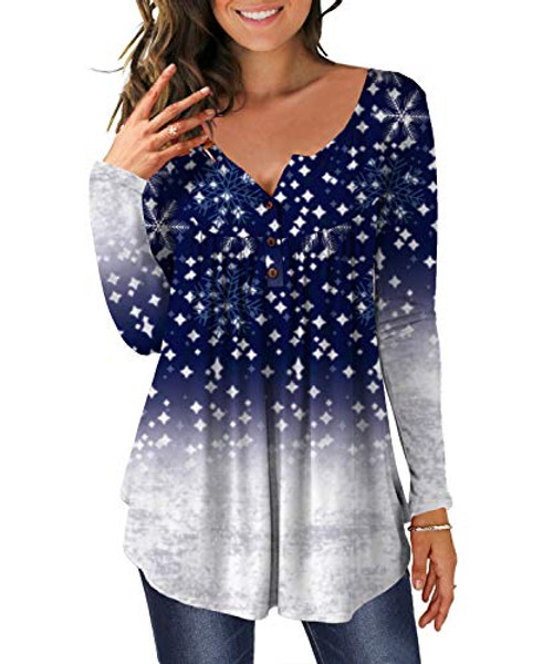 GSFANG Women s Casual Long Sleeve Floral Henley V-Neck Loose Fit Pleated Tunic Shirt Blouse Tops  Large Blue snowflakes