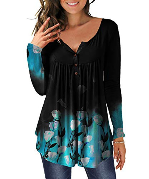 MAYAMANG Women s Floral Tunic Tops Long Sleeve Henley V Neck Buttons Up Casual Blouse Shirt Black plusFloral blue Large MAYAMANG Women s Floral Tunic Tops Long Sleeve Henley V Neck Buttons Up Casual Blouse Shirt Black plusFloral blue Large