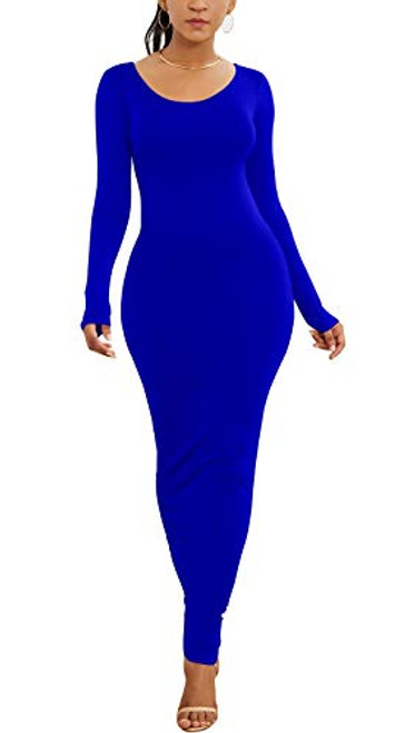 PRIMODA Women s Scoop Neck Long Sleeve Bodycon Maxi Dress Casual Long Dress L Blue