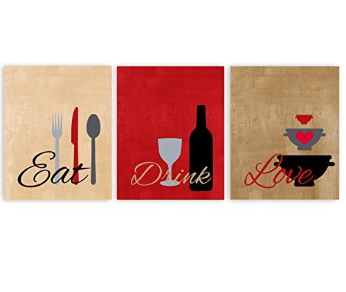 Eat Drink Love Kitchen Wall Art Set of 3 8x10 Prints   unframed
